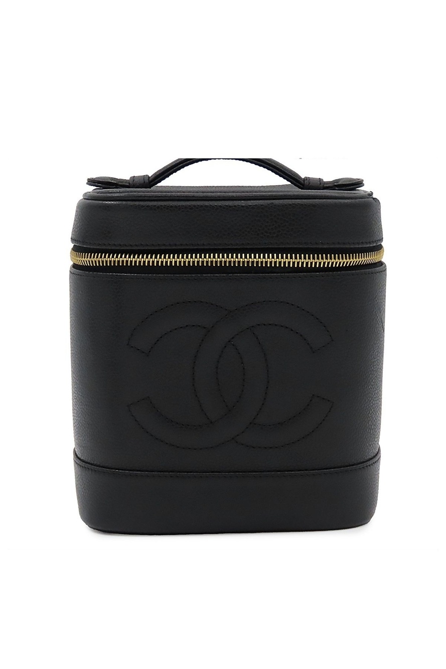 Chanel Vanity Bag Black Gold Caviar Leather CC Logo Handbag